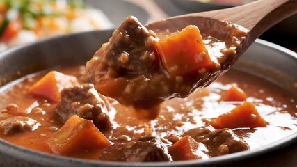 Closeup of a wooden spoon stirring a rich hearty beef stew with chunks of meat and vegetables in a rustic pot showcasing a delicious homemade meal being prepared or served.