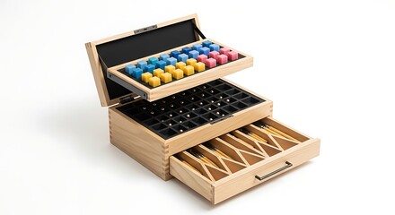 Wooden Box with Colorful and Black Items Inside on White Background.