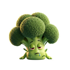 Adorable broccoli character looking sad and tired, cartoon vegetable mascot with a droopy expression, perfect for healthy eating campaigns