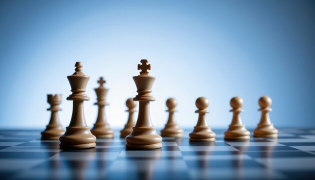 Elegant Chess Set on Board with Beige Pieces Arranged Strategically Against a Soft Blue Background