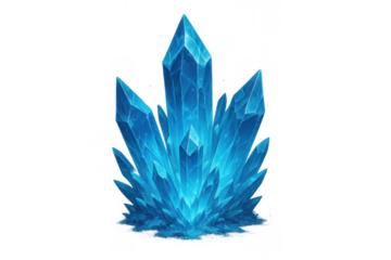 Blue crystal cluster with sharp facets, representing magic, energy, and fantasy, isolated on a transparent background