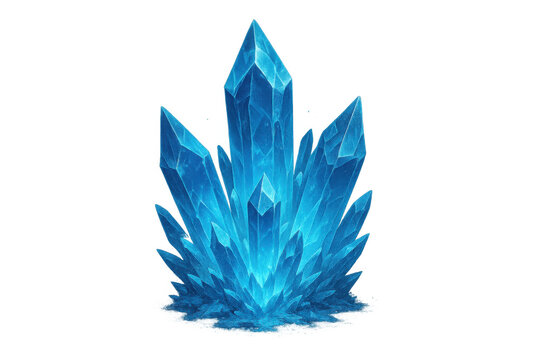 Blue crystal cluster with sharp facets, representing magic, energy, and fantasy, isolated on a transparent background