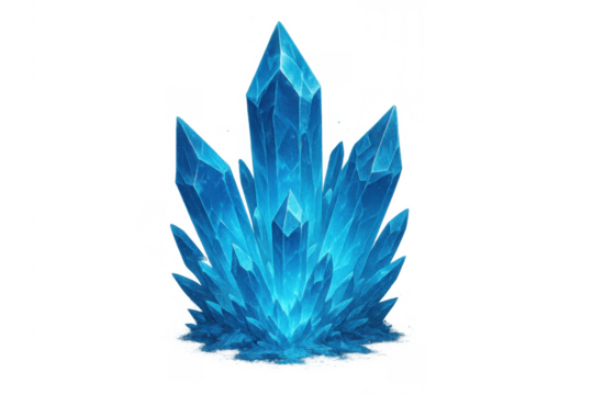 Blue crystal cluster with sharp facets, representing magic, energy, and fantasy, isolated on a transparent background - Powered by Adobe