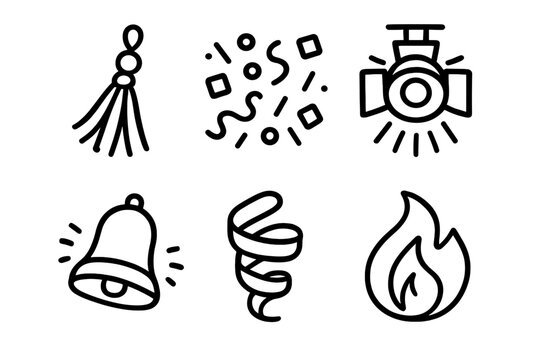 Festival Icon Celebration. Festival linear icon set: vibrant tassel, joyful confetti, open stage light, ringing bell, swirling streamer, lively flame