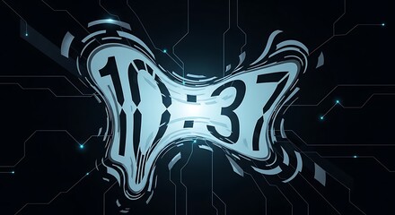 Digital Clock Displaying 10 -37 with Glitch Effect on Dark Circuit Board Background.