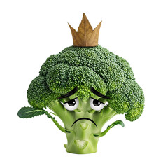 Sad broccoli king with a leaf crown needs a healthy makeover, perfect for adding humor to nutrition campaigns and encouraging healthy eating habits
