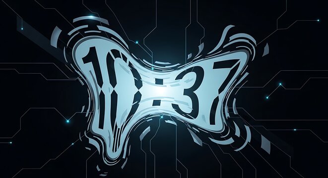 Digital Clock Displaying 10 -37 with Glitch Effect on Dark Circuit Board Background.