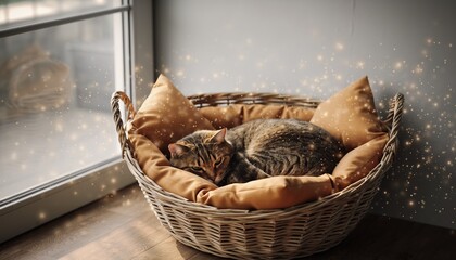Peaceful Tabby Cat Sleeping Soundly in a Cozy Wicker Basket