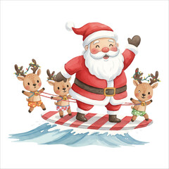 Santa Claus surfing with reindeer watercolor vector isolated on white background
