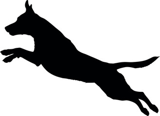 Striking black silhouette of a dog captured midjump, depicting agility and energetic movement, isolated on