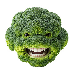 Hilarious broccoli character with human eyes and teeth, a funny food monster for healthy eating campaigns and creative design projects, fresh vegetable