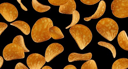 Crispy Potato Chips on Black Background - A Delicious Snack.