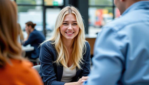 Smiling young woman in casual business meeting with colleagues in modern workspace, bright and friendly atmosphere