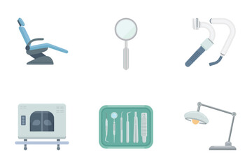Dental clinic equipment icons, laboratory microscope, mouth mirror, scaler handpiece, autoclave sterilizer, instrument tray, operatory lamp, professional vector