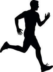Black silhouette of a man running or jogging, depicting motion and athletic activity, isolated on
