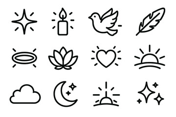 Fototapeta premium Radiant Spiritual Symbols. Divine Joy linear icon set : radiant star, candle flame, dove, feather, halo ring, lotus flower, glowing heart, sunrise beam, golden aura, soft cloud