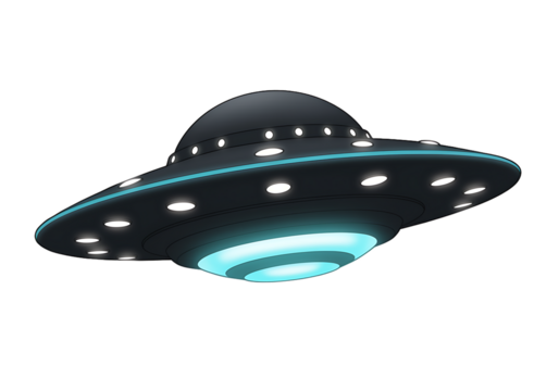 Mysterious Flying Object Illustration Hovering with Lights on a Dark Background