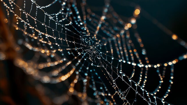 dismembering. A spider web with morning dew drops, backlit by soft sunlight. wildlife magazines, conservation campaigns, designed for eco-tourism storytelling, used by chefs.