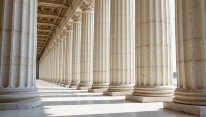 Elegant architectural columns casting shadows in bright sunlight, showcasing lines and texture of ancient design