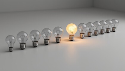 Unique light bulb among standard bulbs, symbolizing creativity, innovation, and individuality in a modern setting