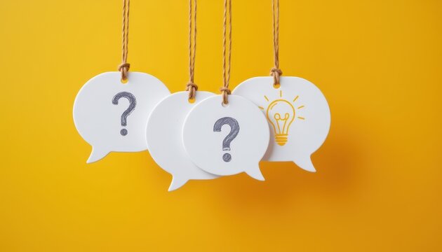 Creative Question Marks and Light Bulb Sign Concept on Vibrant Yellow Background for Idea Generation and Inquiry Representation
