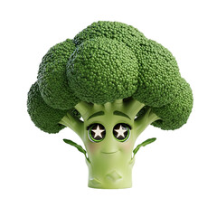 Whimsical broccoli character with star eyes and a sweet smile, perfect for healthy eating campaigns and fun food-themed designs, radiating joy and freshness