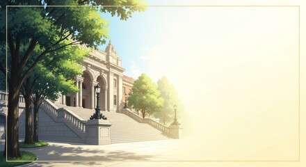 Scenic university building with grand staircase and lush trees artwork