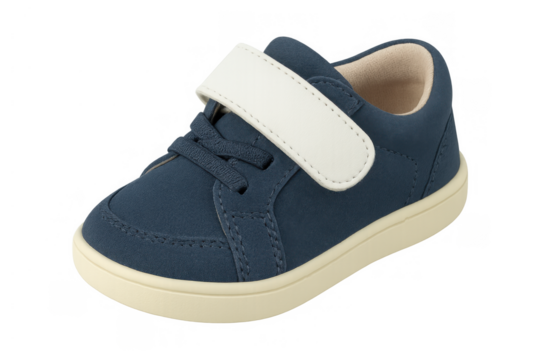 Blue toddler shoe with velcro strap, comfortable children's footwear for walking and playing, transparent background