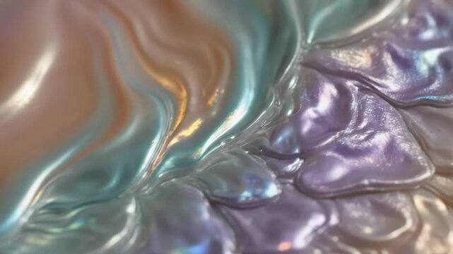 An iridescent surface of a pearl with swirling patterns and shimmering colors