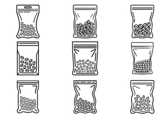 Set of Vacuum bag with coffee beans Line art vector
