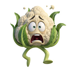 Cartoon cauliflower character is scared and running away, a fun food illustration for healthy eating campaigns, vegetable marketing, and children's content