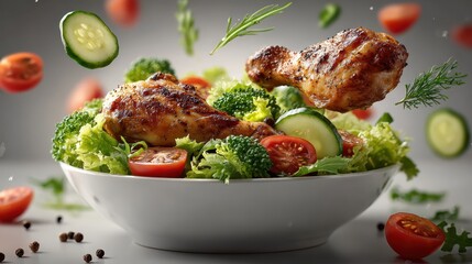 Grilled chicken salad with fresh ingredients falling into bowl
