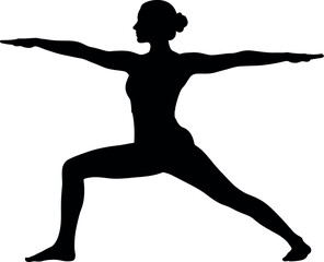 Black silhouette of a woman performing a yoga pose, warrior ii, isolated on