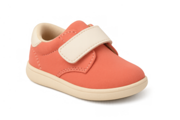 Coral pink toddler sneaker with white velcro strap, offering comfort and style for infants and young children, transparent background
