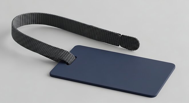 Close-up of a blue luggage tag with black strap on a white surface.