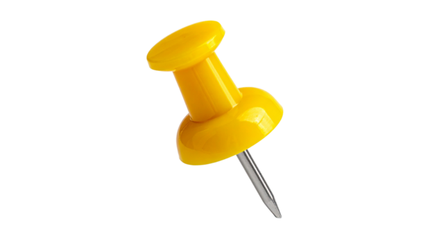 a yellow push pin isolated on white background, a sharp plastic office tool used to tack and attach notes or memo paper to a board