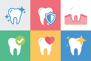 Tooth care icons grid, healthy tooth with check mark, shield protection, bleeding gum symbol, heart, star sparkle, vector