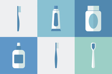 Oral hygiene tools collection, toothbrush variations, toothpaste tube, mouthwash bottle, dental floss pick, clean minimal icons, vector