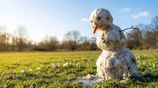 A melting snowman under bright sunlight on spring grass, symbolizing warm winter, early thaw, and climate change, and a bright seasonal background