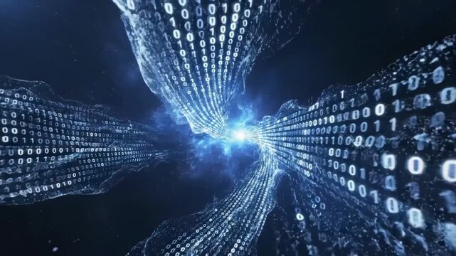 Abstract representation of binary code flowing through a digital network