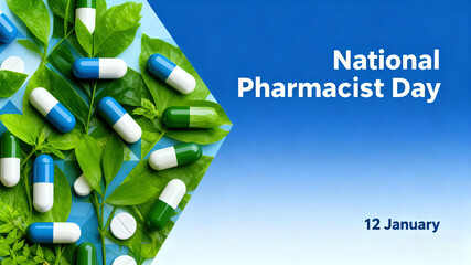 Green plant pills represent the concepts of Pharmacist Day, Pharmacy Nature and Health Protection, and are suitable for medical public welfare and pharmaceutical promotional materials.
