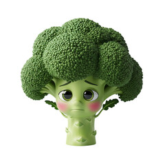 Cute broccoli character with sad expression, a whimsical and endearing mascot for healthy eating campaigns and children's educational materials