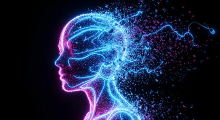 Digital human with glowing lines and particles representing mind and intelligence