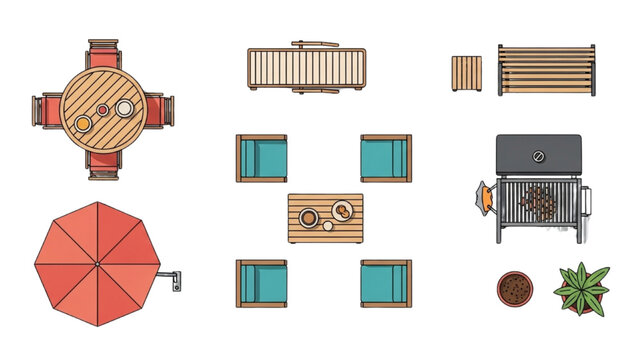 Top-down view of patio furniture and accessories for outdoor living