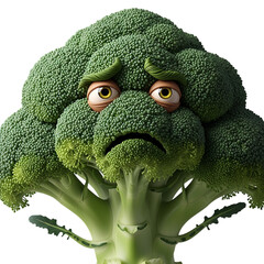 Expressive broccoli with cartoon eyes shows sadness, a unique take on healthy eating campaign, ideal for kids nutrition and creative food projects