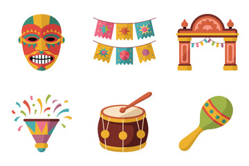 Festival celebration icons set, decorative mask, bunting flags, ceremonial arch, confetti burst, drum and maraca, vibrant vector