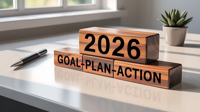 "2026 goal, plan, and action concept with wooden blocks on a desk, symbolizing focus and productivity for the new year"
