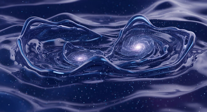 Galactic merger simulation visualizes distorted space-time during gravitational wave event