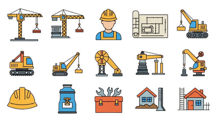 Colorful line art icon set for the construction and building industry