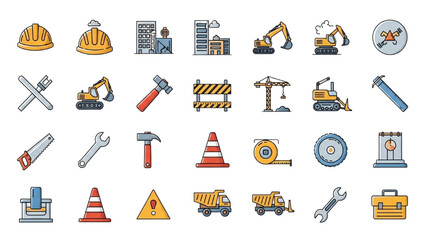 Vibrant Collection of Construction Industry Icons Featuring Essential Building Tools and Equipment